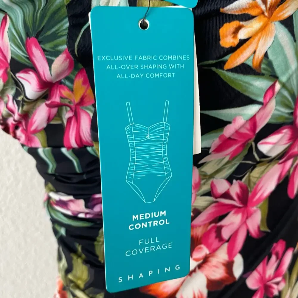 NEW AQUA GREEN Medium Control Full Coverage Floral One Piece Swimsuit Size 6